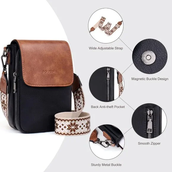 Womens A-black Brown Leather Purses Imported Magnetic Snap Crossbody Zipper Bag - Picture 4 of 6